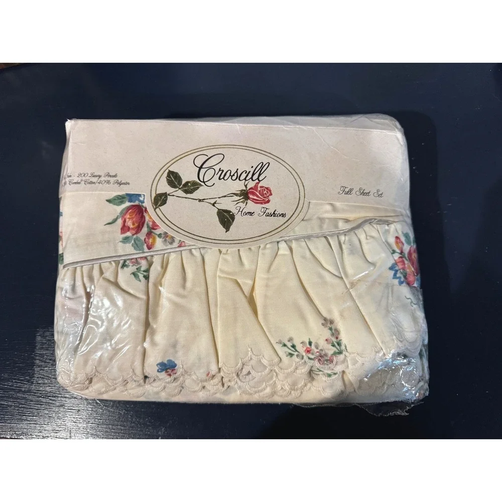 Vintage Croscill English Garden Full Sheet Set NOS Floral Ruffled Scalloped USA